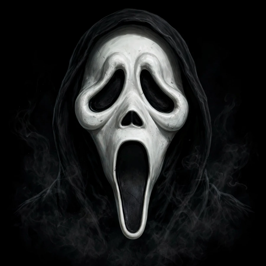 Ghost face pfp: classic white scream mask on pure black background