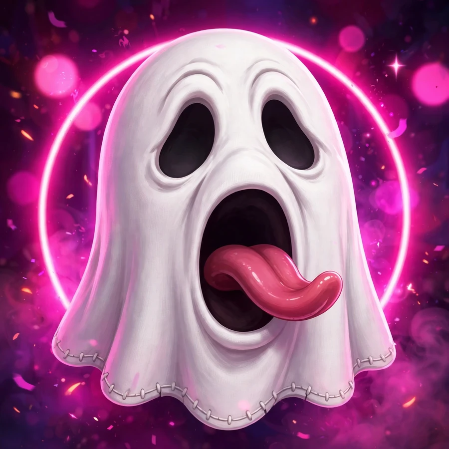 Ghostface pfp: goofy mask with tongue out in pink neon