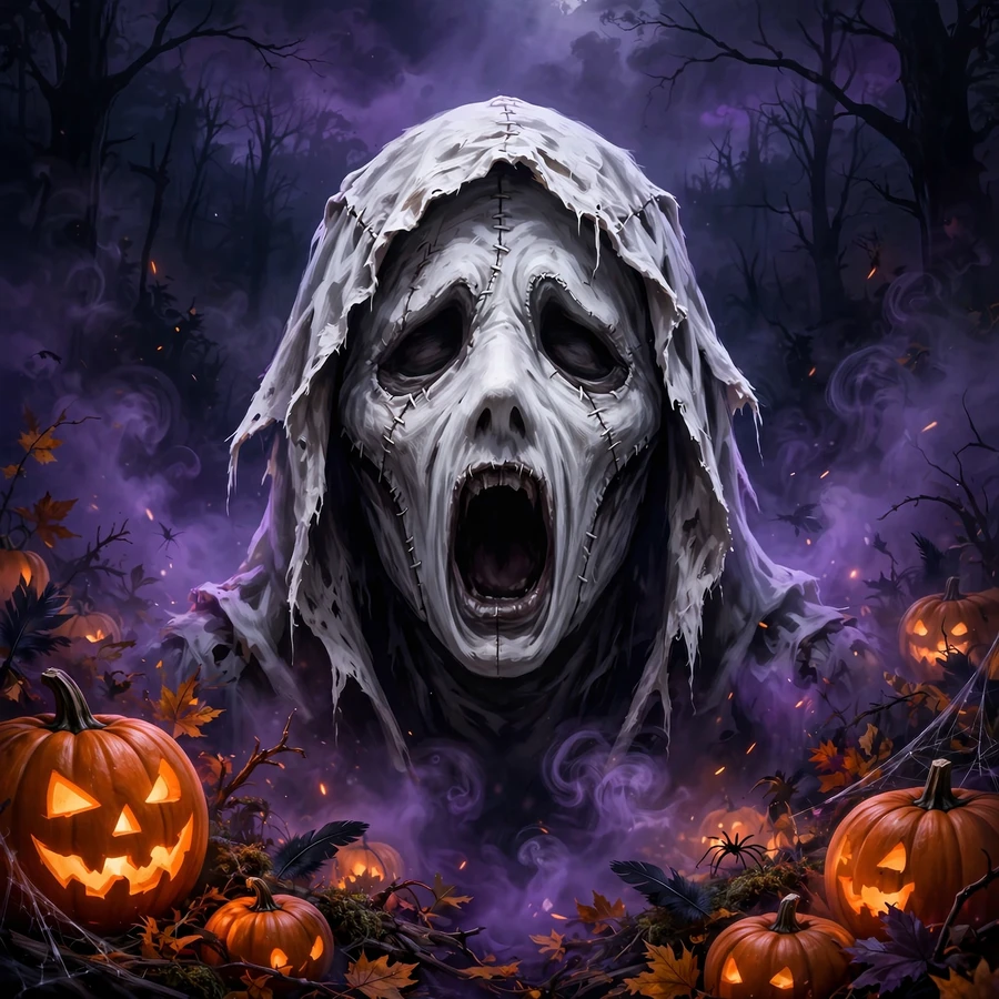 Ghostface pfp: mask portrait with pumpkins and midnight fog