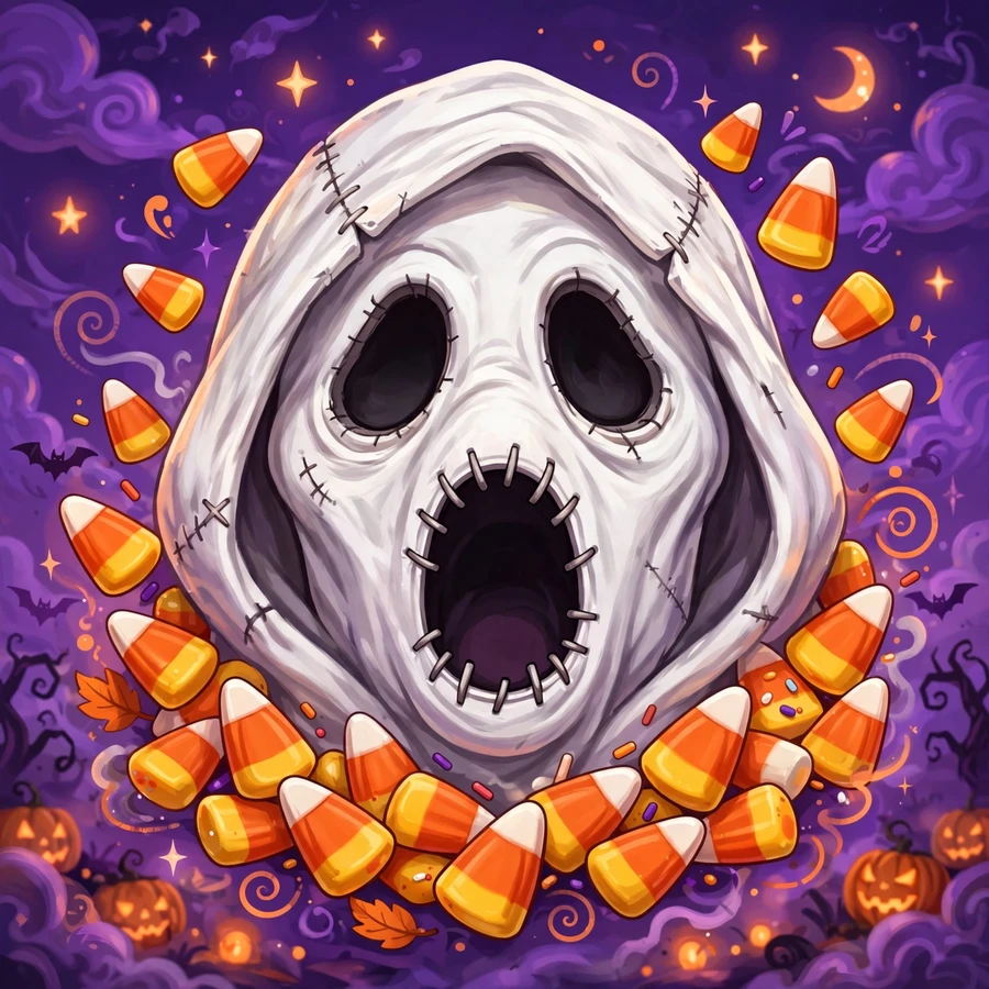 Halloween ghostface pfp: mask with candy corn and purple night sky