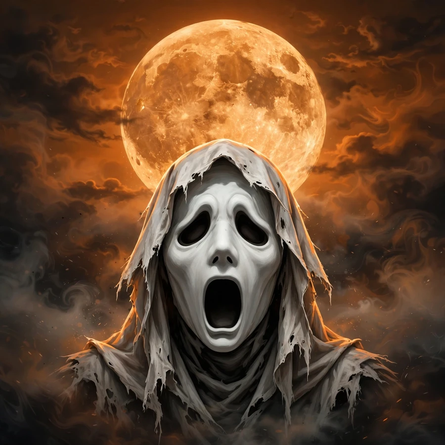 Ghost face pfp: screaming mask under a full harvest moon