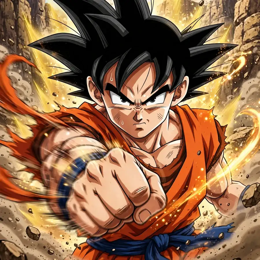 Goku pfp action: original Saiyan mid-punch with motion energy