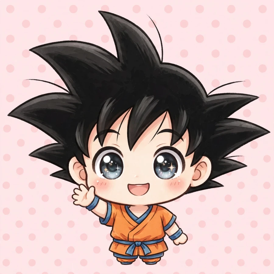 Chibi goku pfp: original tiny Saiyan hero with oversized head waving