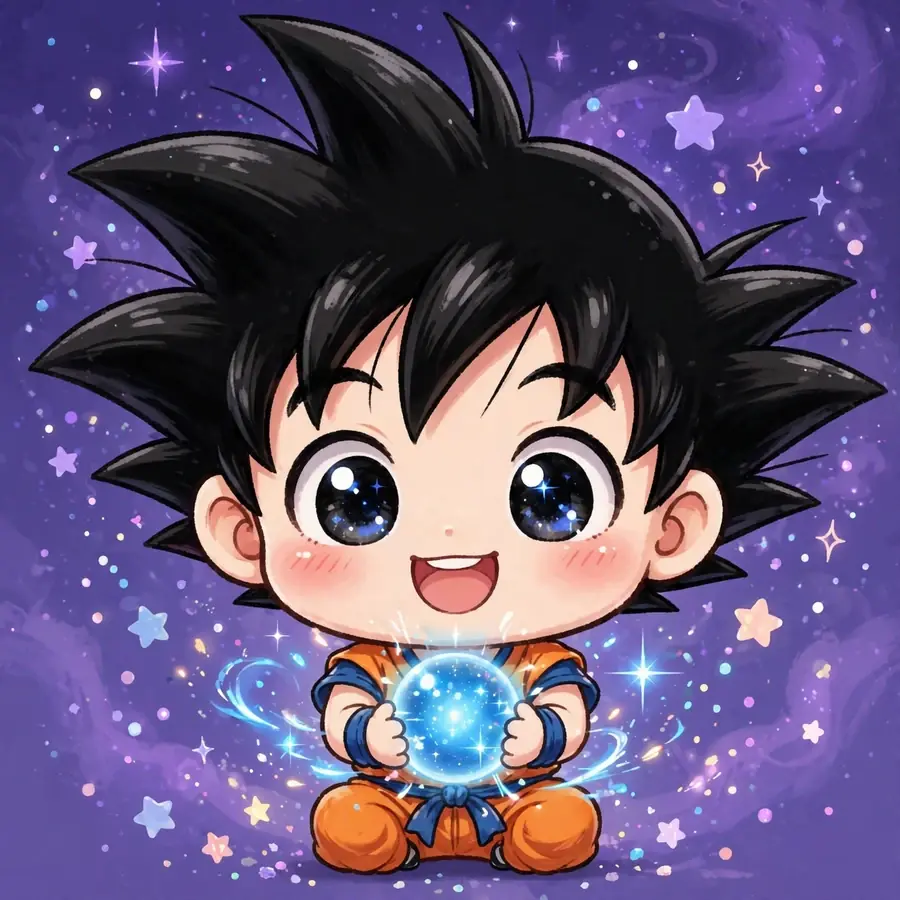 Goku pfp chibi: original mini hero holding a tiny dragon ball