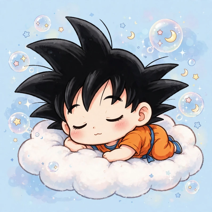 Goku chibi pfp: original tiny hero riding a flying nimbus cloud