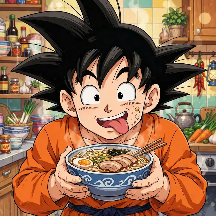 Funny goku pfp: original hero with goofy grin devouring a huge meal