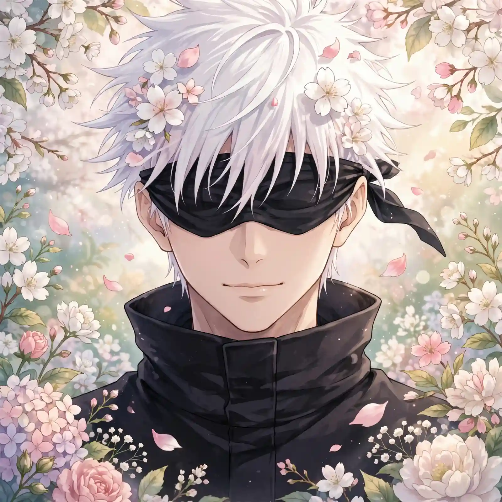 Gojo pfp aesthetic: original Satoru Gojo with flowers in soft light