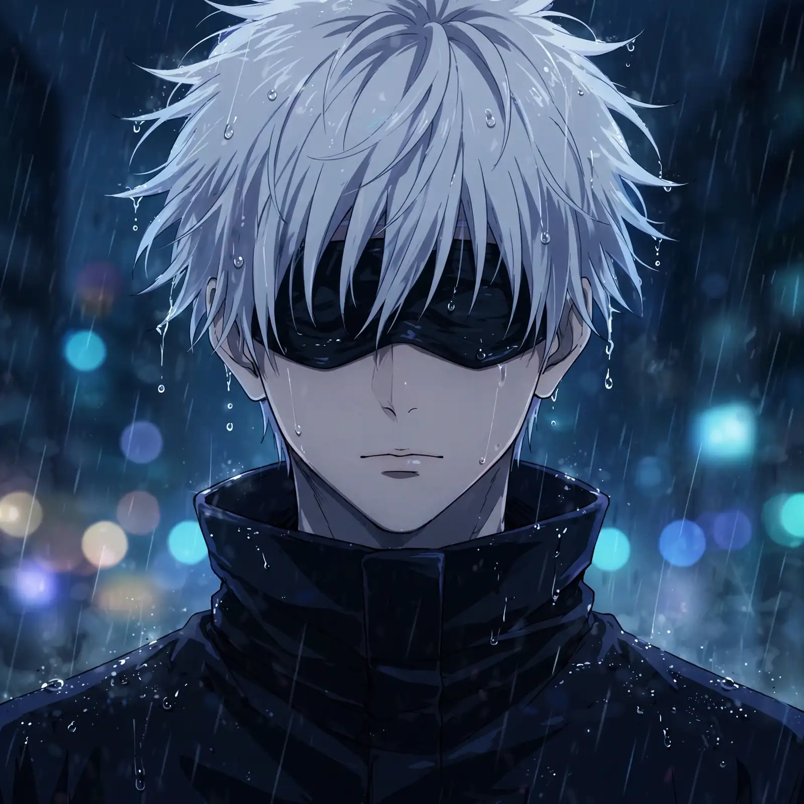 Aesthetic gojo pfp: original Satoru Gojo in rain with melancholic mood