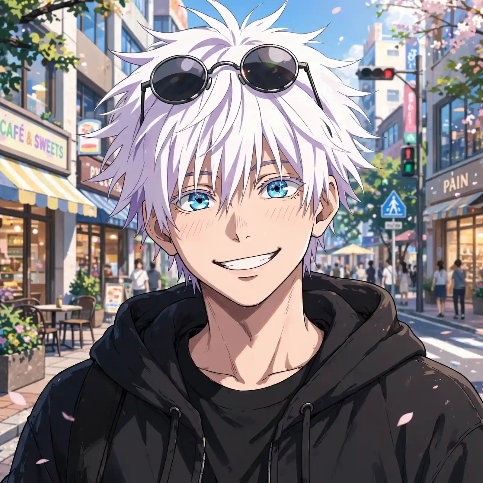 Casual gojo pfp: original Satoru Gojo with sunglasses on city outing