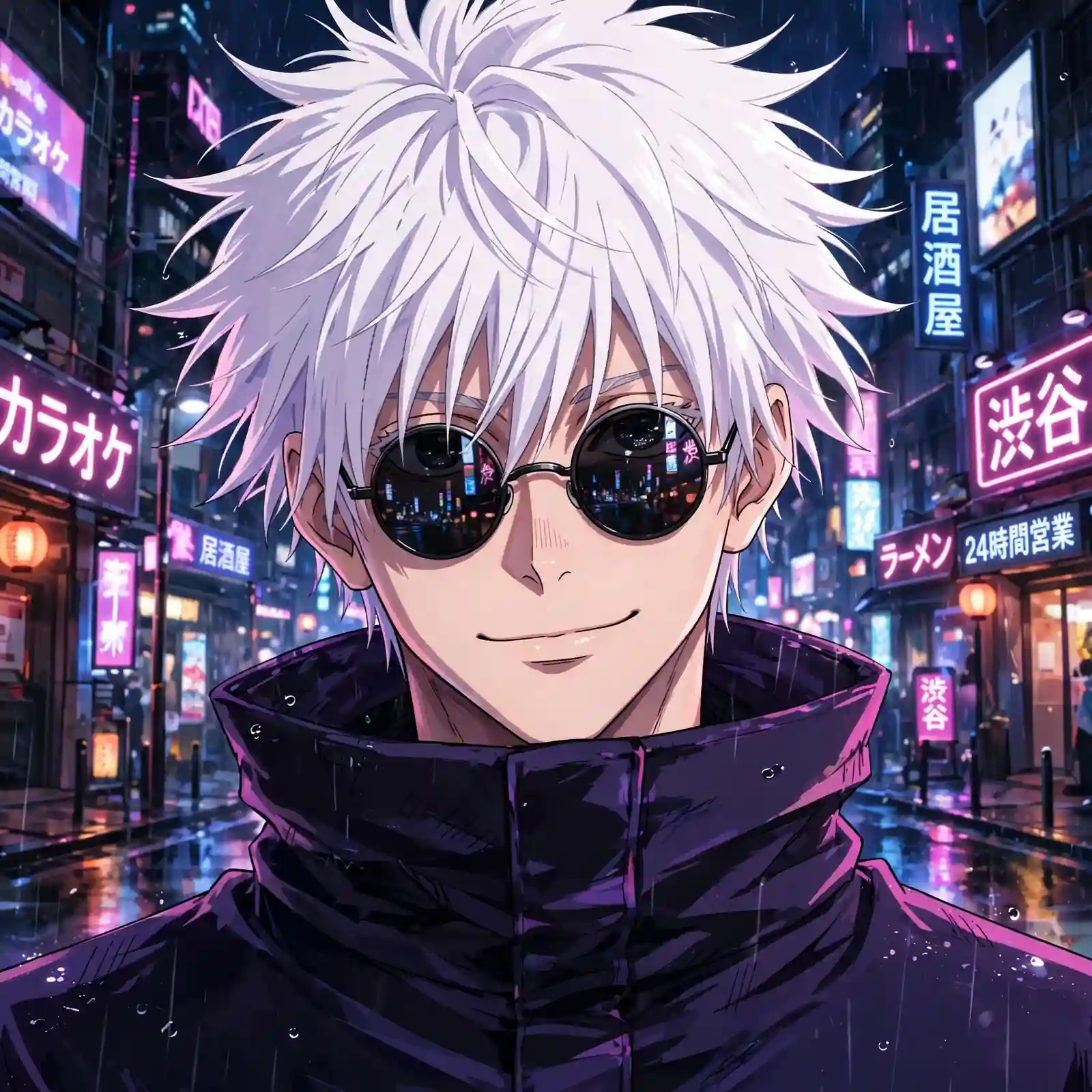 Cool gojo pfps: original Gojo Satoru with round sunglasses in neon city night