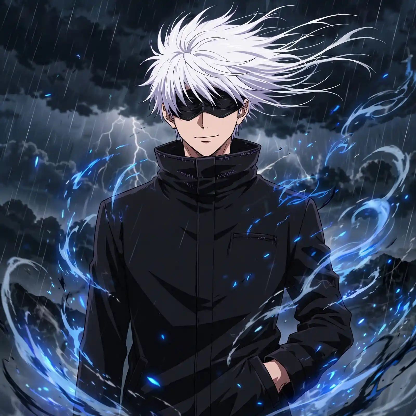 Cool gojo pfp: original Satoru Gojo with hand in pocket, dramatic wind