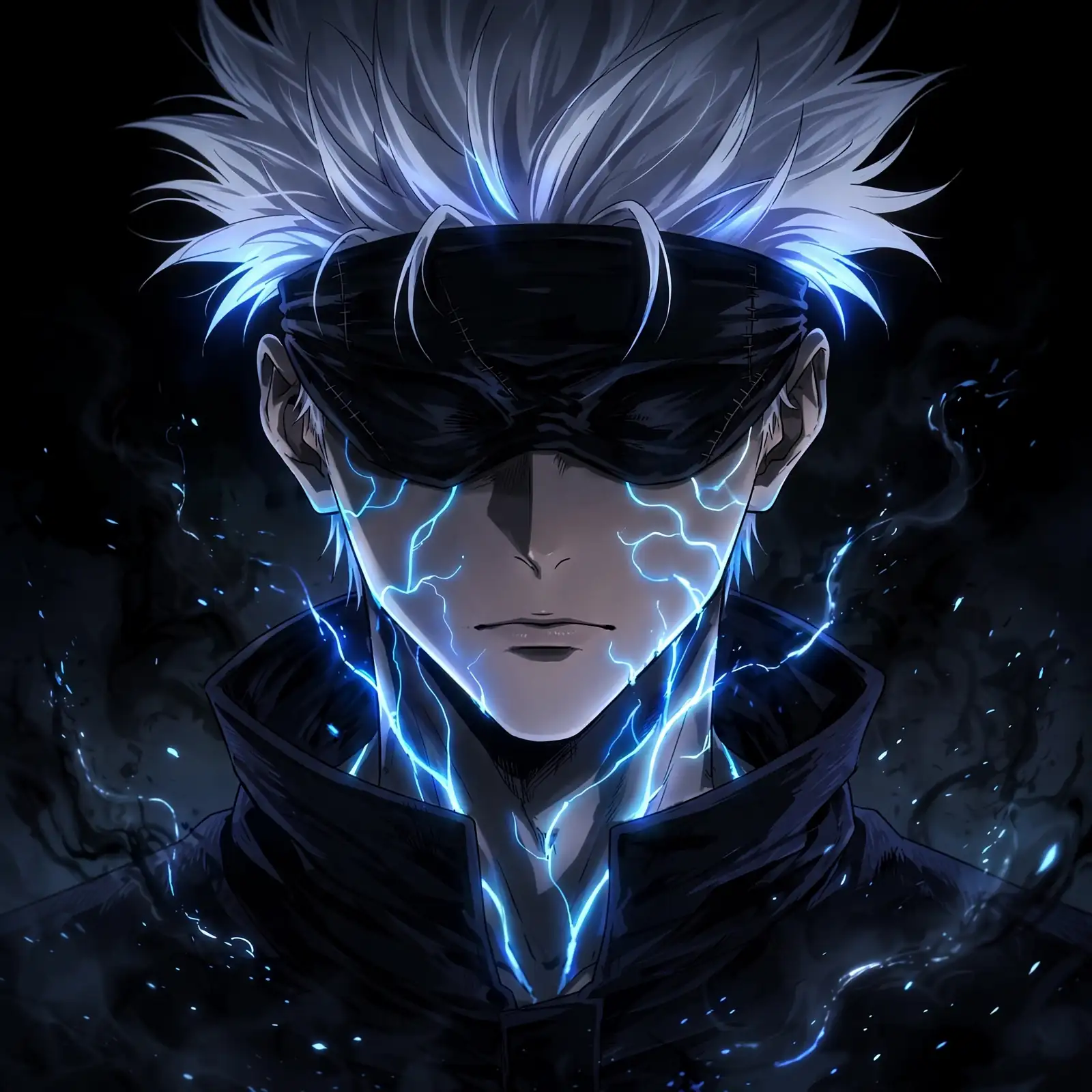 Dark gojo pfp: original Satoru Gojo in darkness with blue cursed glow