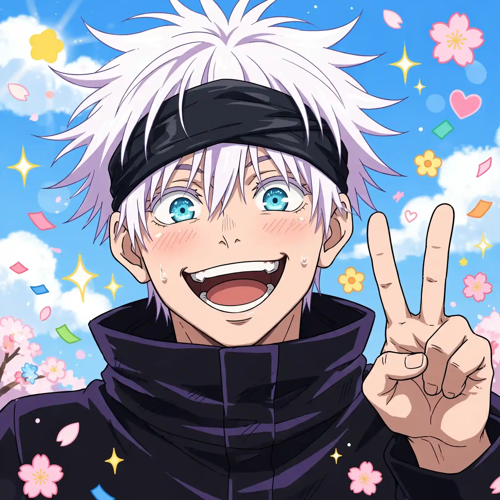 Funny gojo pfp: original Satoru Gojo with goofy grin flashing peace sign