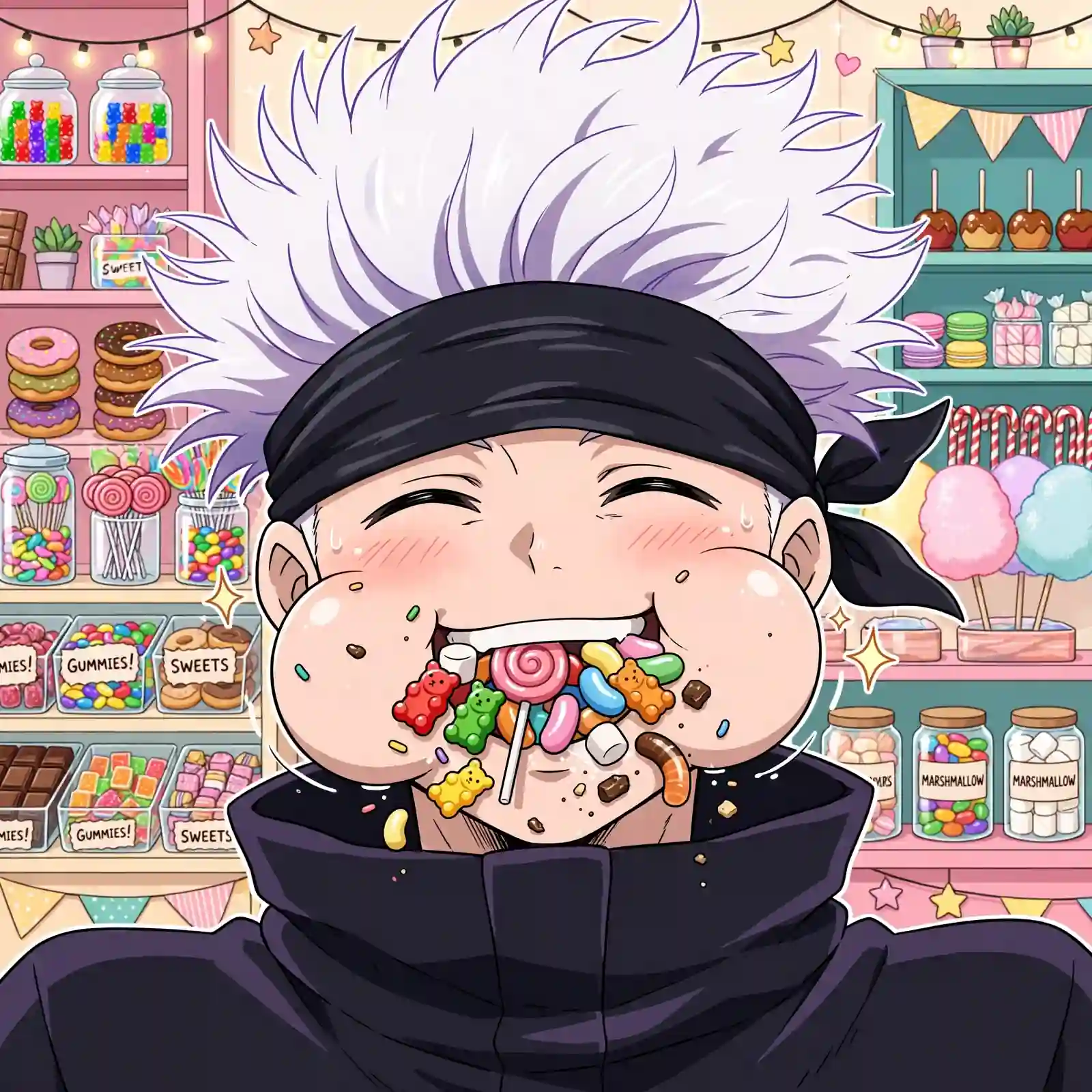 Funny gojo pfp: original Satoru Gojo happily eating sweets