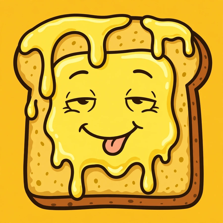 Silly funny pfp of a melting toast slice with a blissful derpy face