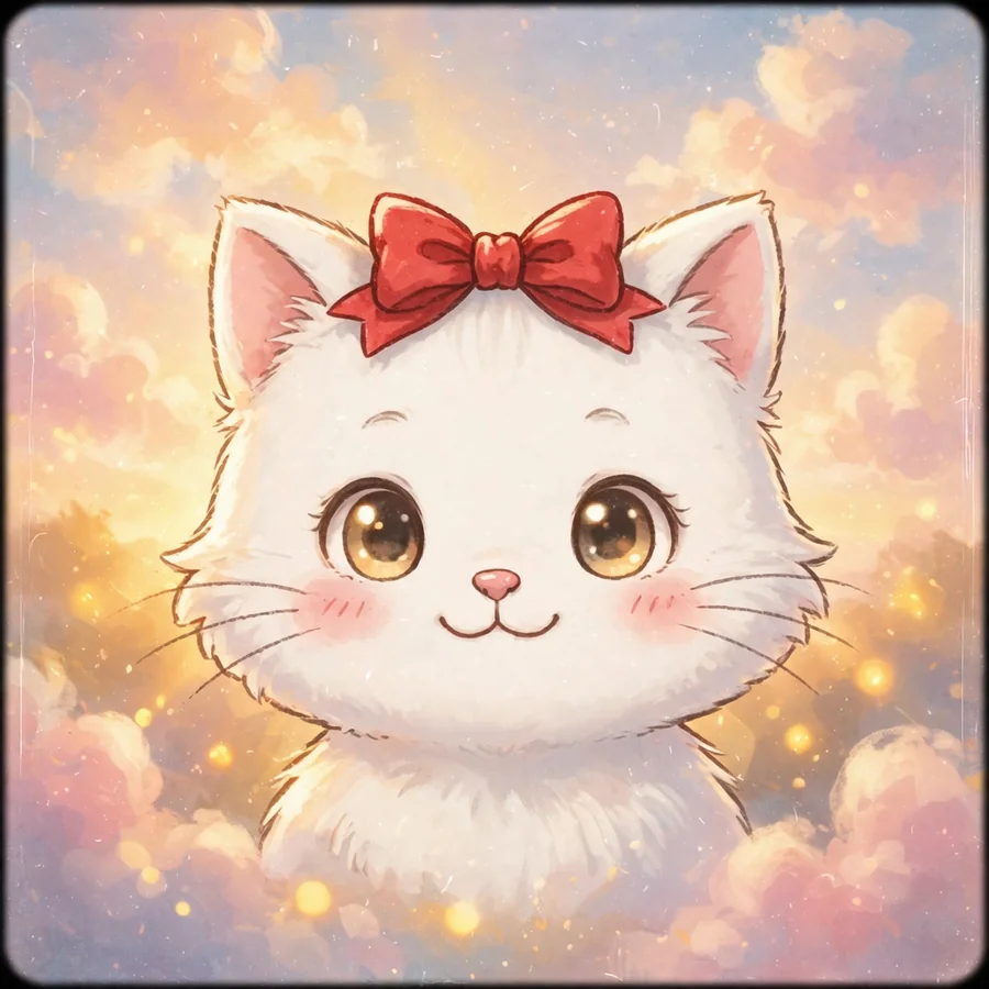 Hello kitty pfp aesthetic: original white cat with red bow in dreamy pastel clouds