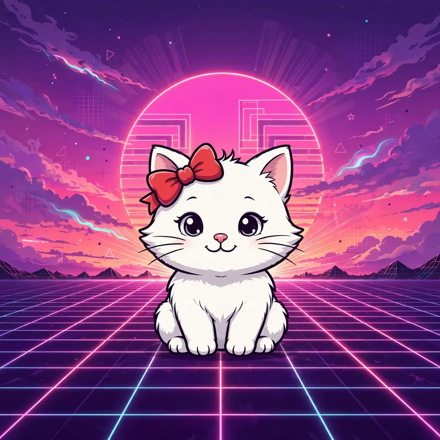 Aesthetic hello kitty pfp: original cat in vaporwave sunset with grid horizon