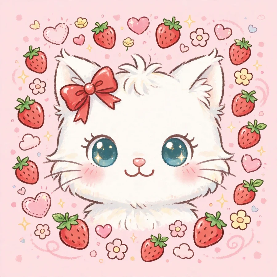 Cute hello kitty pfp: original white cat with red bow among strawberries and hearts