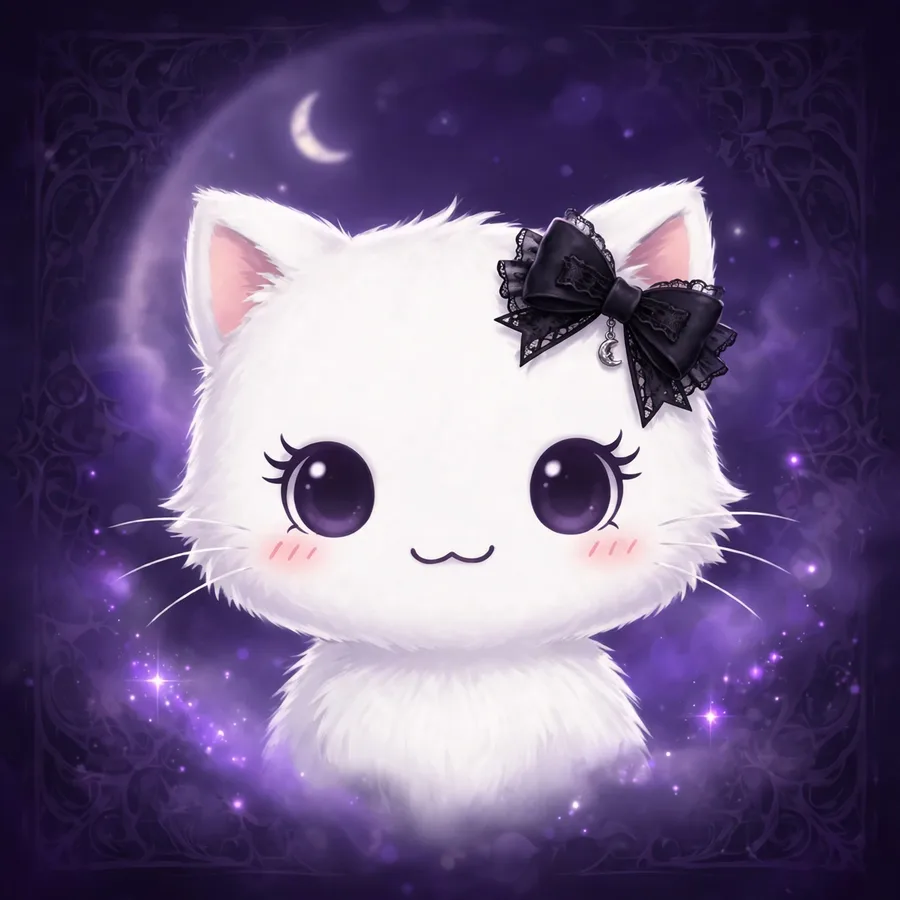 Dark hello kitty pfp: original white cat with black bow under a purple moon