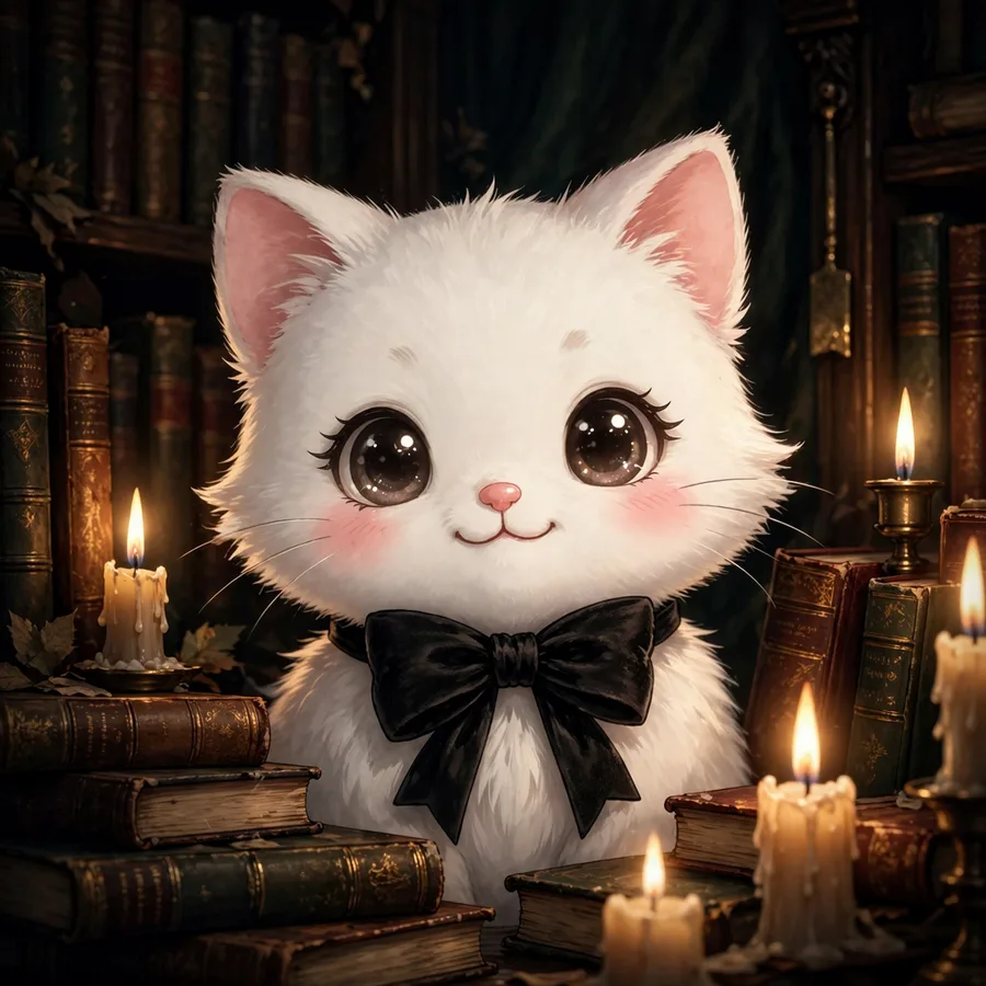 Hello kitty pfp: original cat in dark academia style with candles and books