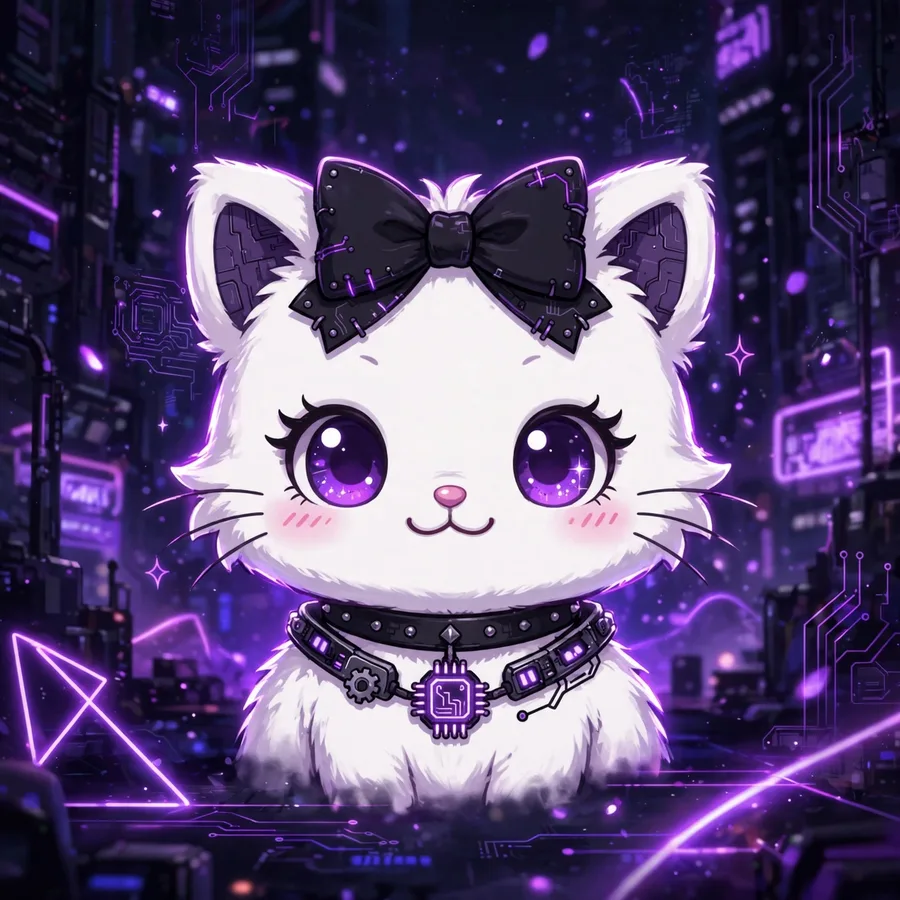 Dark hello kitty pfp: original cat in neon purple cyber-goth style