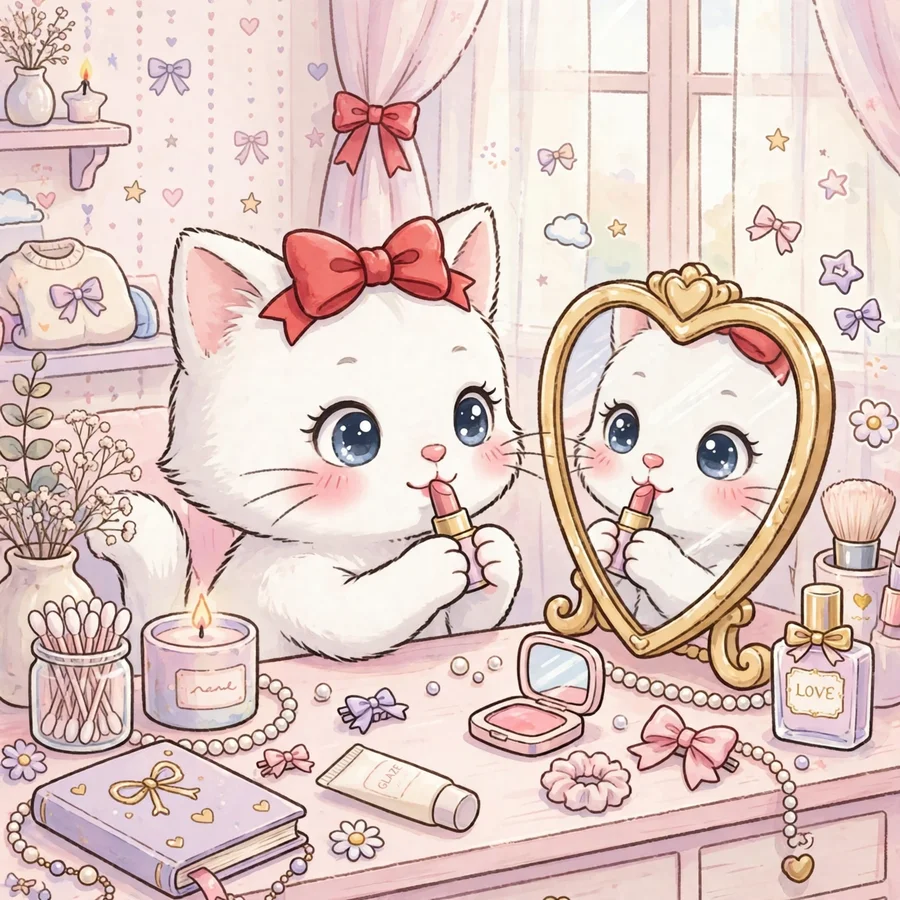 Hello kitty pfp girl: original cat applying lipstick in a heart mirror
