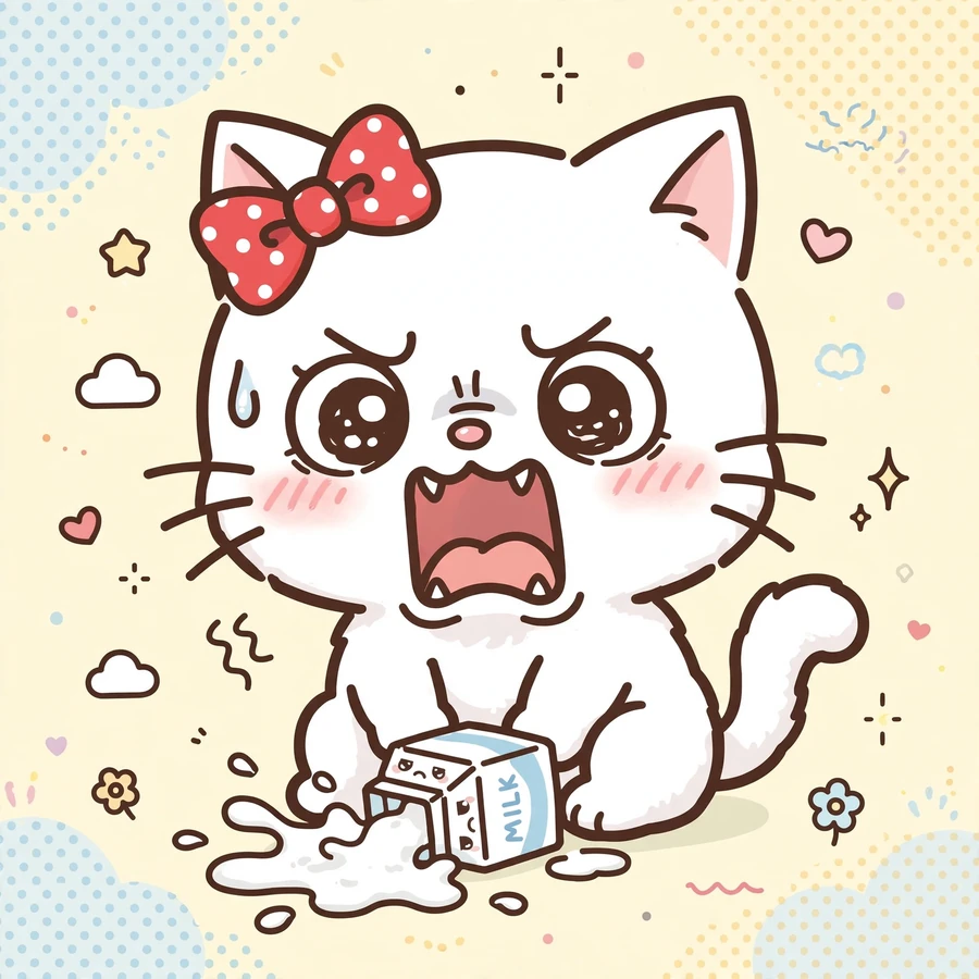 Hello kitty pfp funny: original cat screaming at a spilled milk carton
