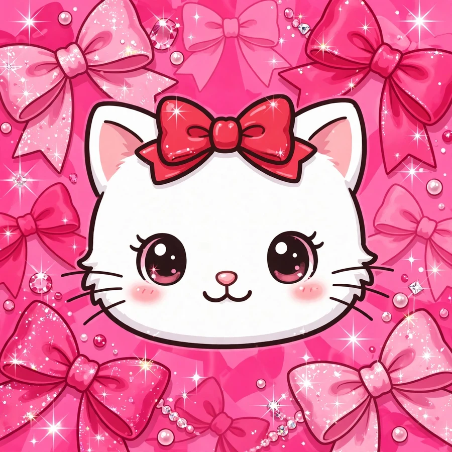 Pink hello kitty pfp: original white cat with red bow in hot pink glam aesthetic