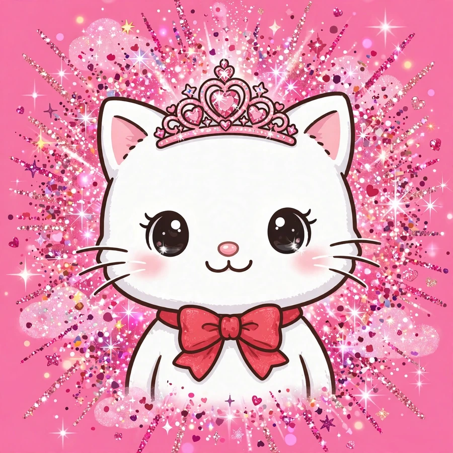 Hello kitty pfp pink: original cat wearing a tiara in a glitter explosion
