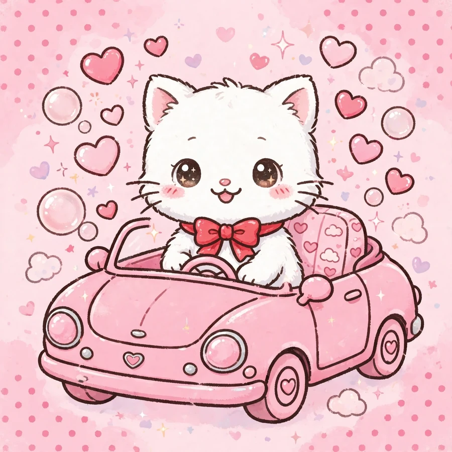 Pink hello kitty pfps: original cat in a pink convertible with floating hearts
