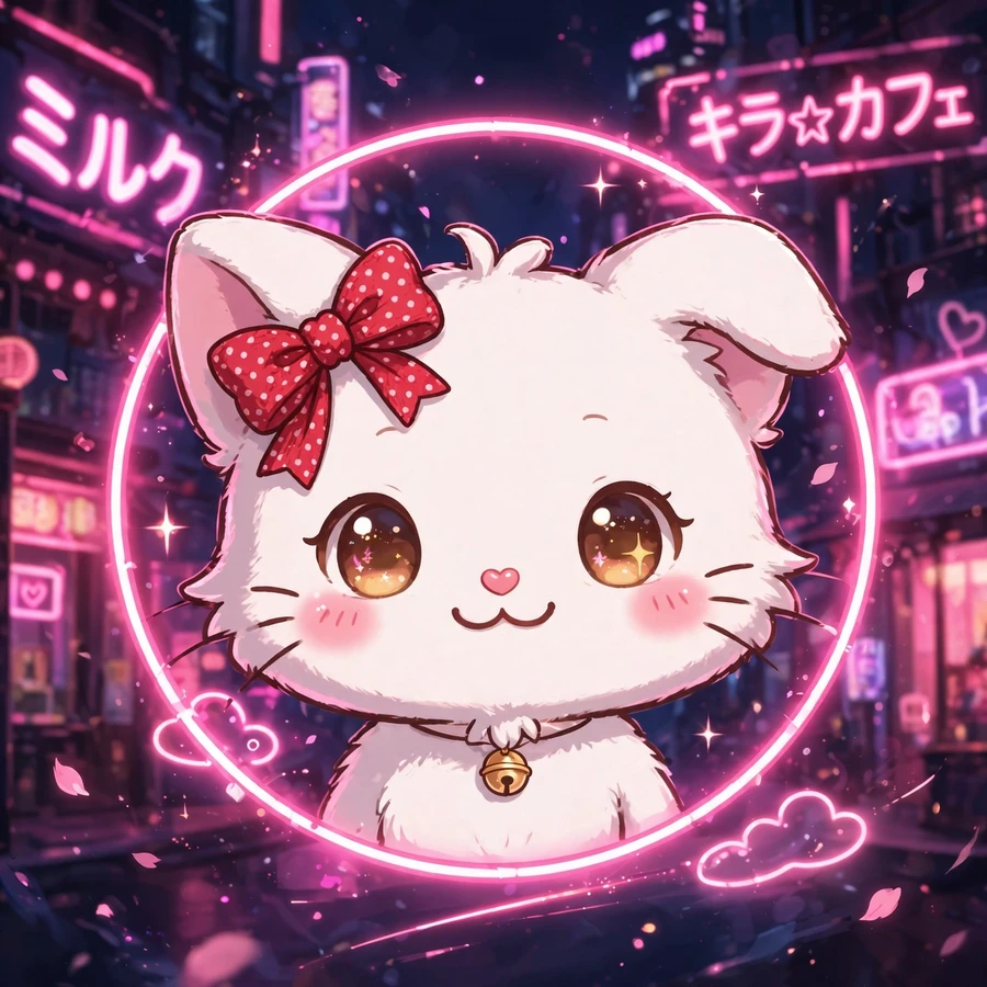 Hello kitty pfp: original cat portrait with pink neon sign glow