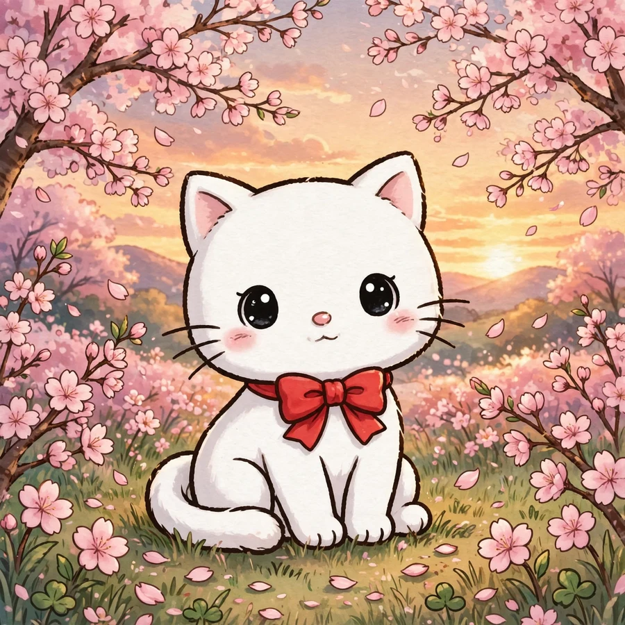 Hello kitty wallpaper pfp: original white cat with red bow in cherry blossoms at sunset