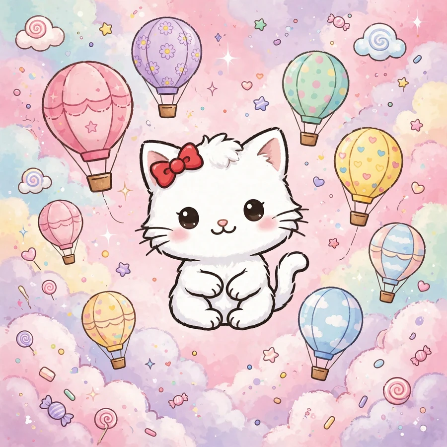 Hello kitty pfp: original cat floating among hot air balloons in a candy sky