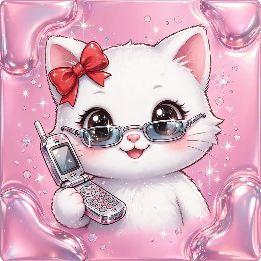 Hello kitty y2k pfp: original cat with tiny sunglasses, flip phone and sparkles