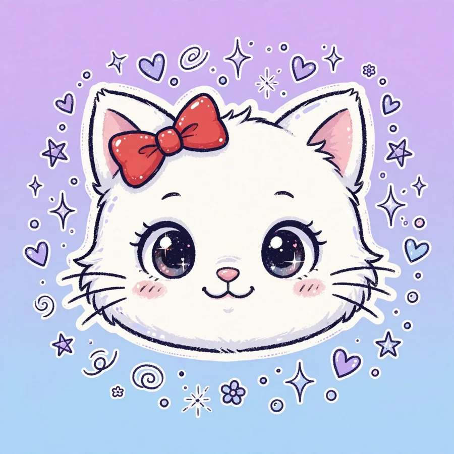 Y2k pfp hello kitty: original cat portrait with stars and hearts doodles