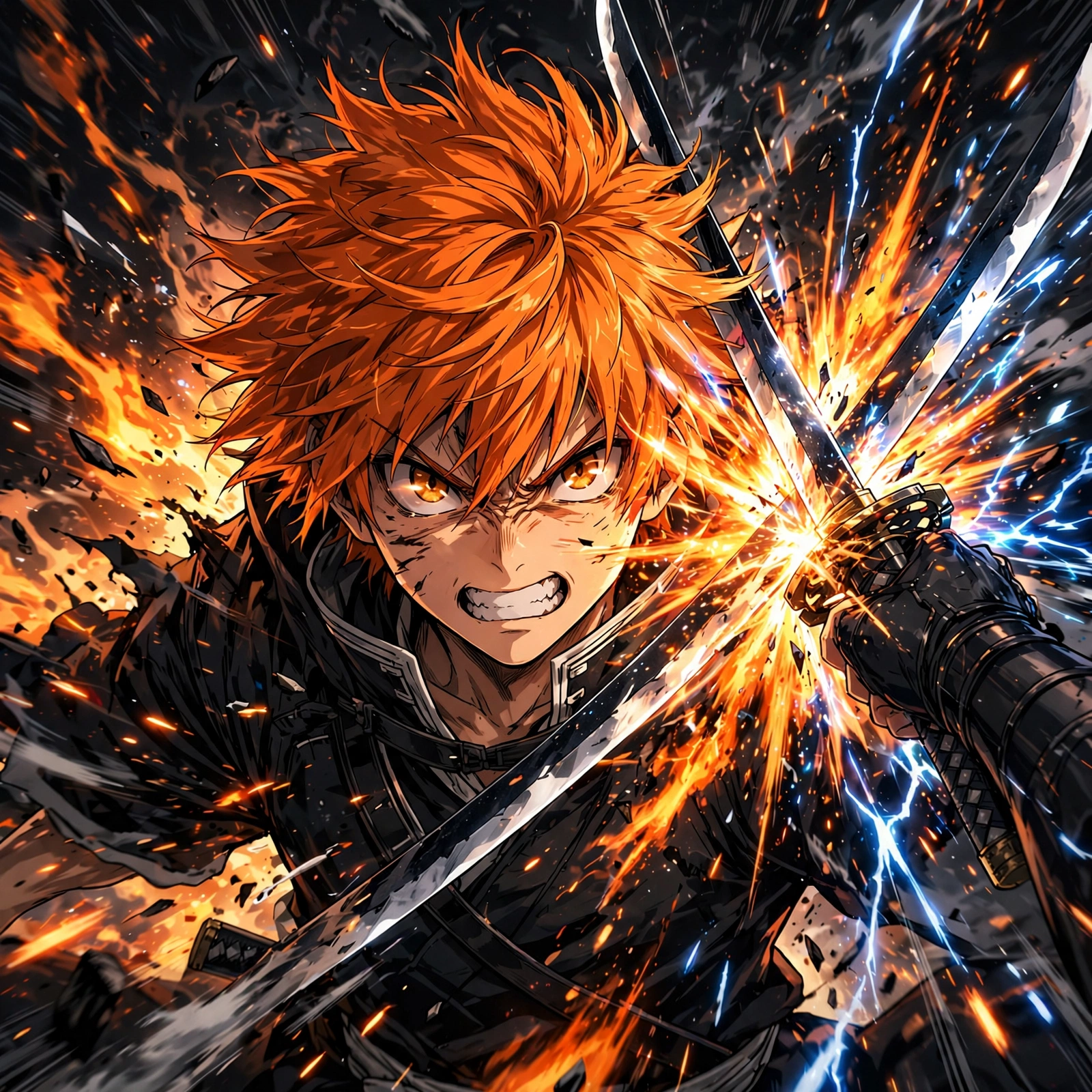 Ichigo kurosaki pfp: original clashing swords with energy explosion