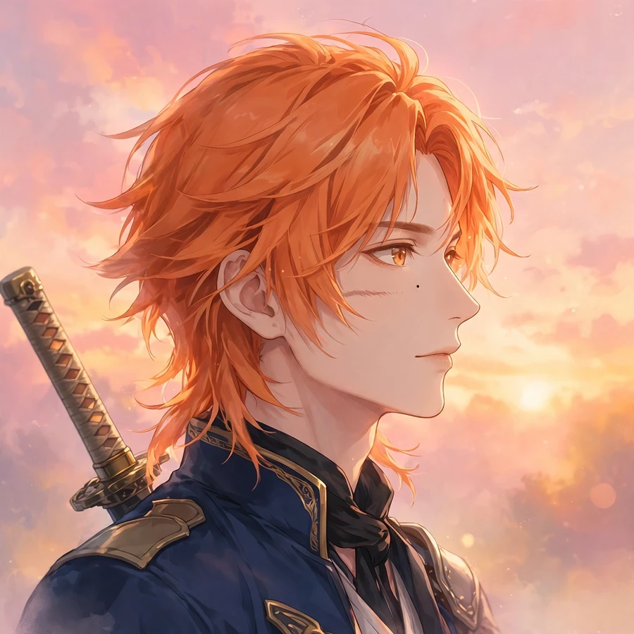 Aesthetic ichigo pfp: original swordsman portrait at pastel sunset