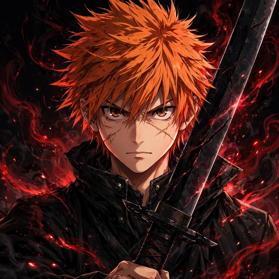 Ichigo pfp: original Bankai swordsman portrait with black coat and massive black katana