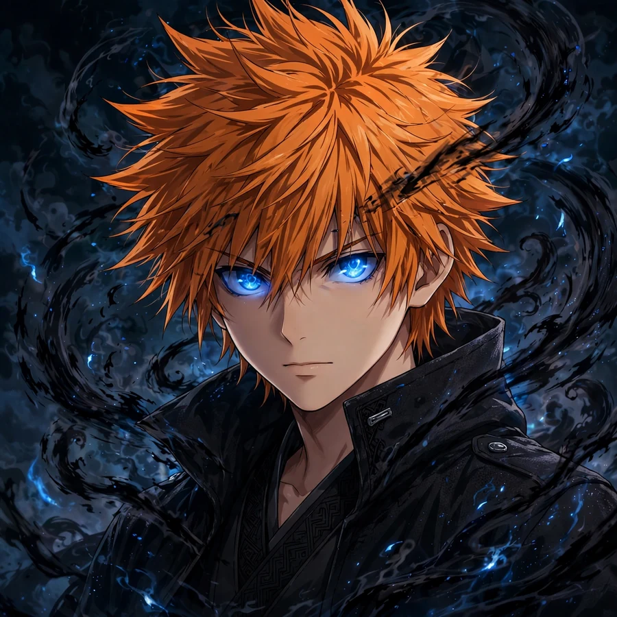 Ichigo kurosaki pfp: original close-up with glowing blue eyes and black spiritual energy