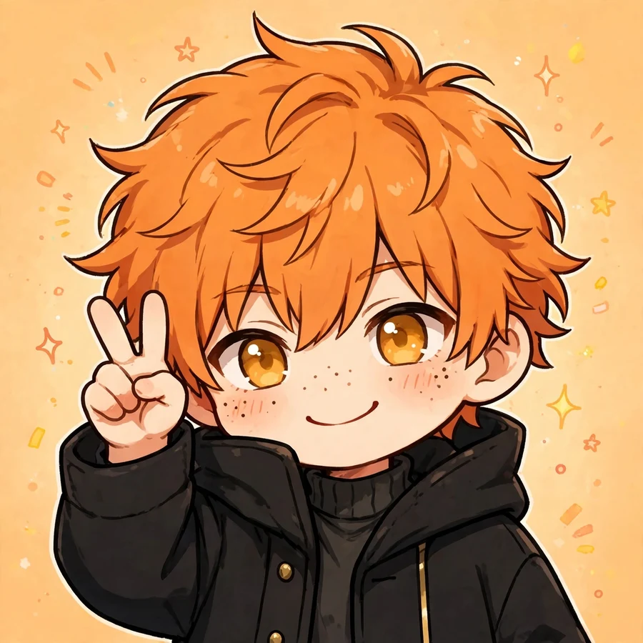 Cute ichigo pfp: original chibi doing peace sign in black coat