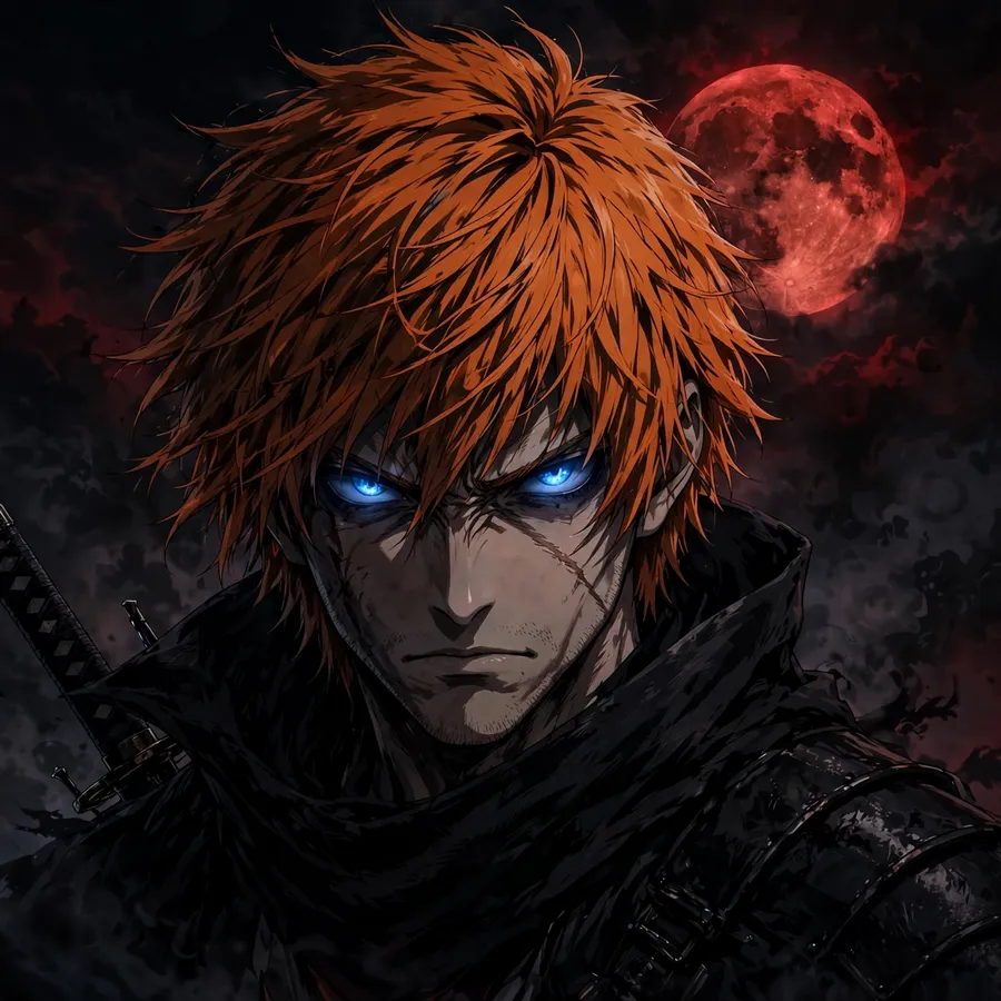 Dark ichigo pfp: original portrait with glowing blue eyes and red moon background