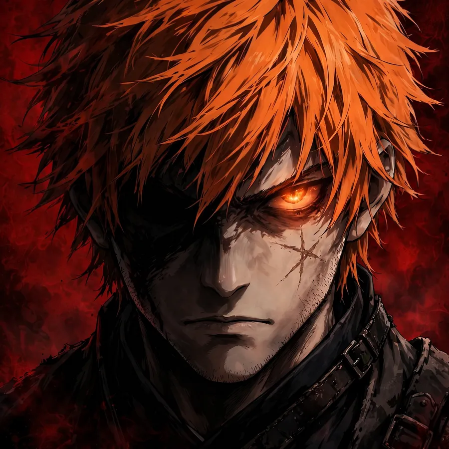 Dark ichigo pfp: original close-up with shadow covering half face and single glowing eye