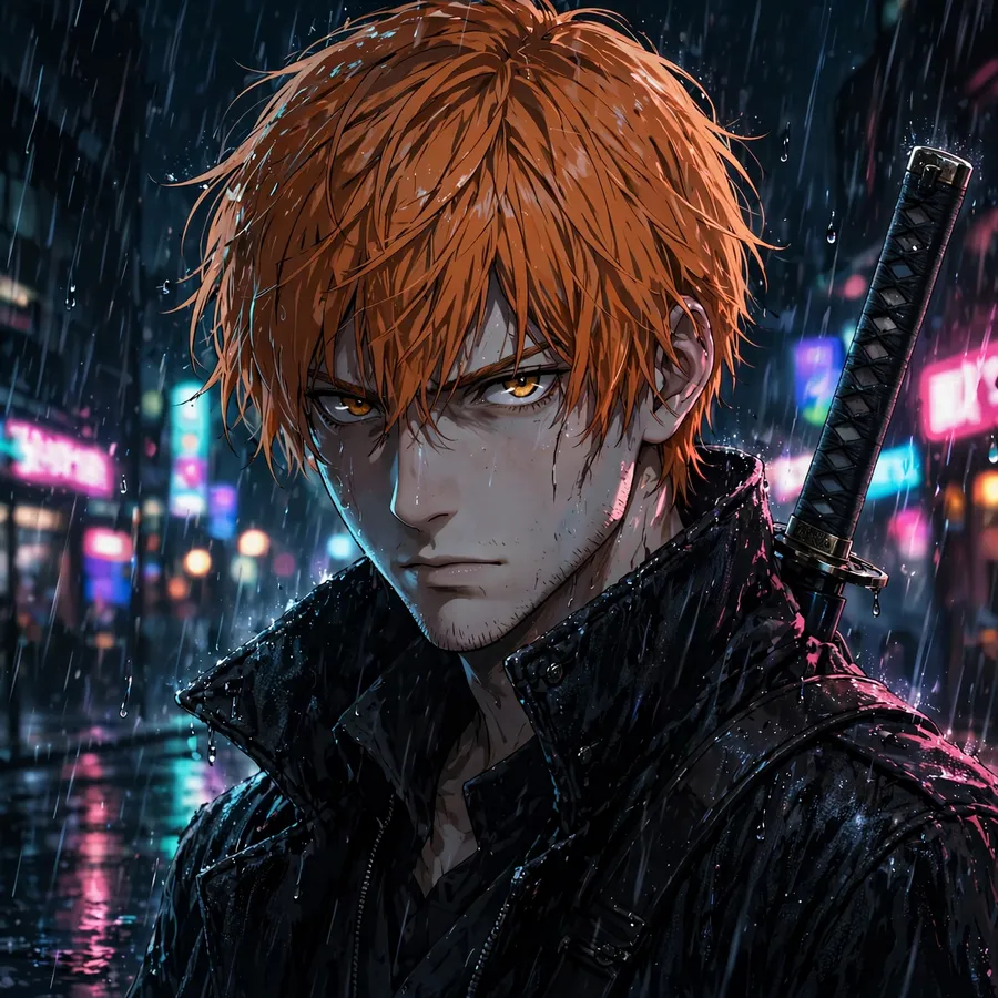 Ichigo kurosaki pfp: original swordsman in rain at night with neon reflections