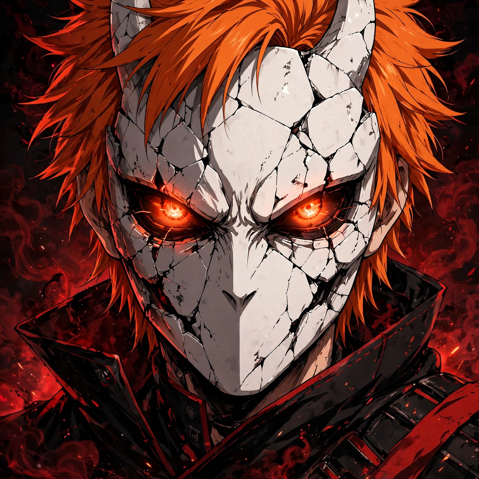 Ichigo pfp: original cracked Hollow mask with black and red color scheme