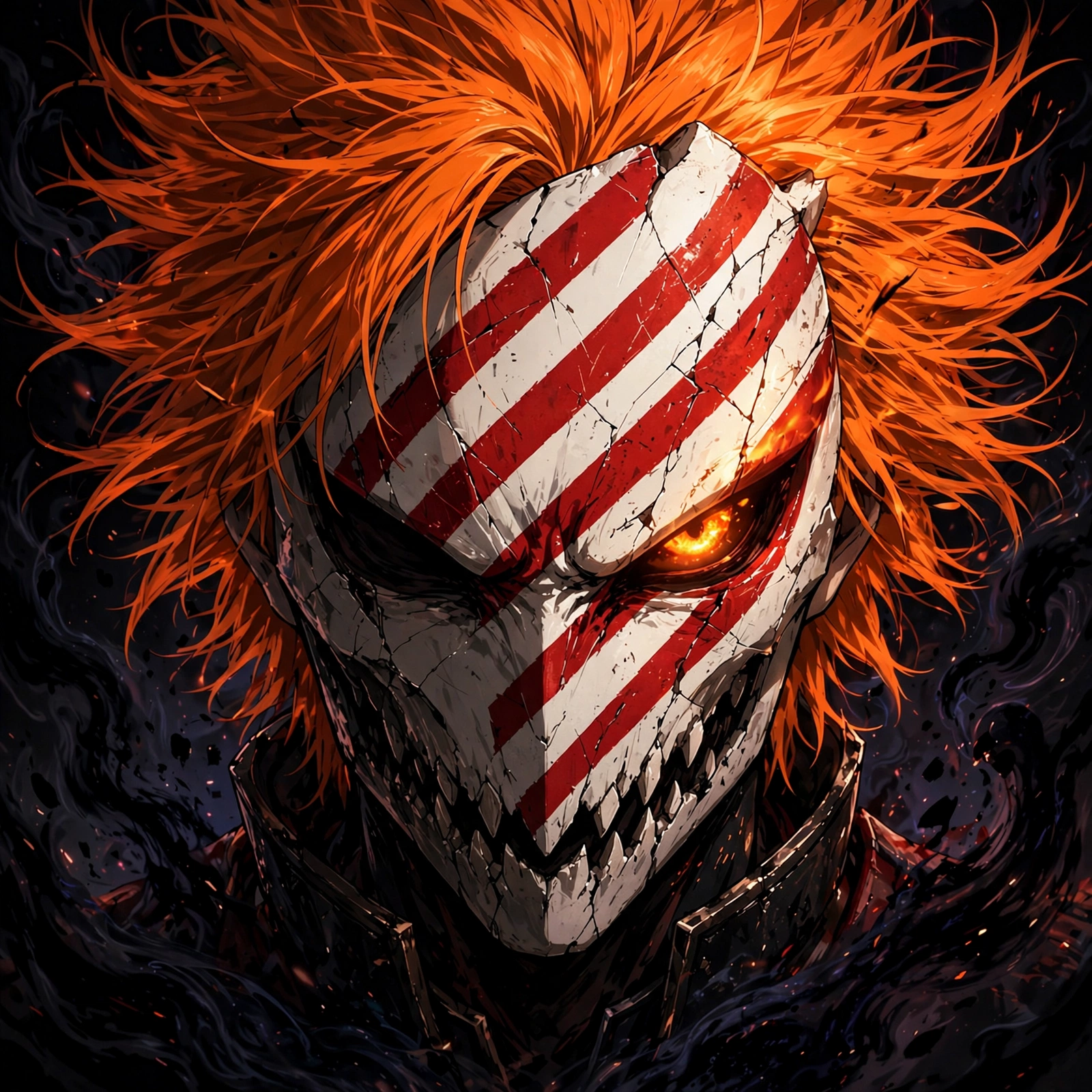Hollow ichigo pfp: original close-up with red-striped mask and wild orange hair