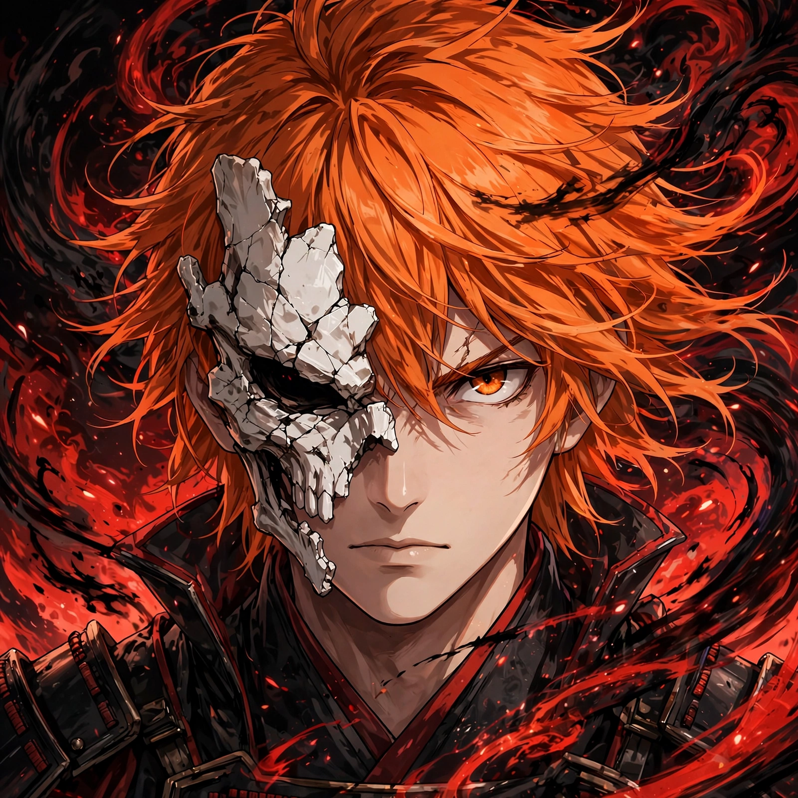 Ichigo kurosaki pfp: original masked swordsman with bone fragment and red energy