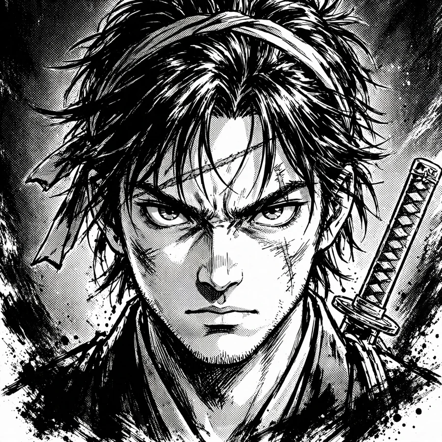 Ichigo pfp manga: original halftone dot portrait with intense eyes