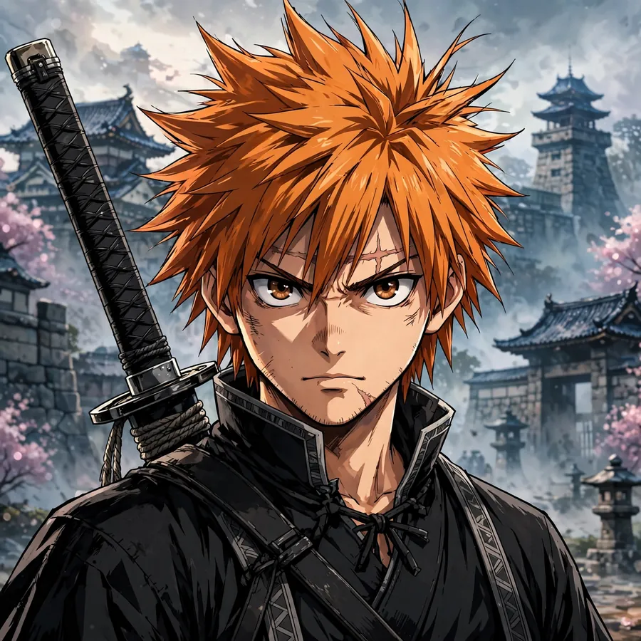 Ichigo pfp: original Soul Reaper portrait in black kimono with sword on back
