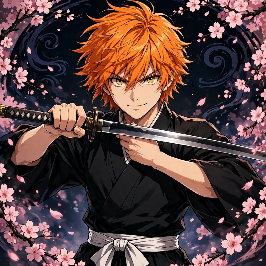 Ichigo kurosaki pfp: original Soul Reaper in black shihakusho among cherry blossoms