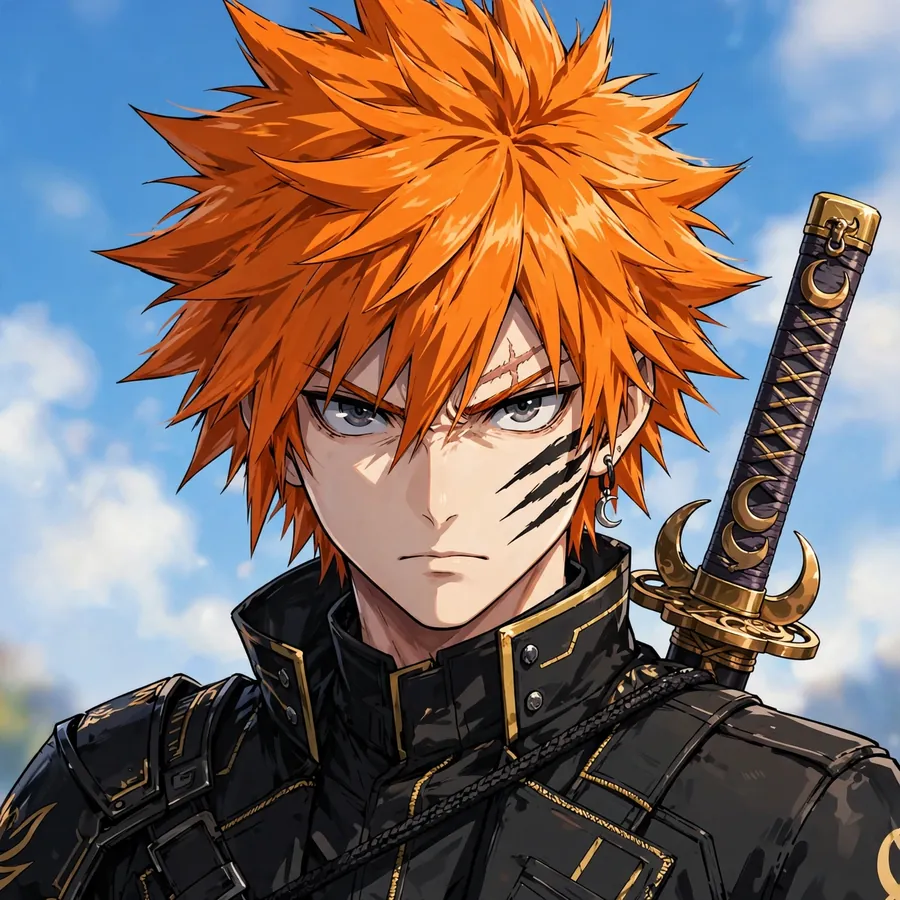 Bleach ichigo pfp: original close-up with sword hilt over shoulder and blue sky